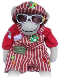 Elton John Sock Monkey in red striped suit and sunglasses